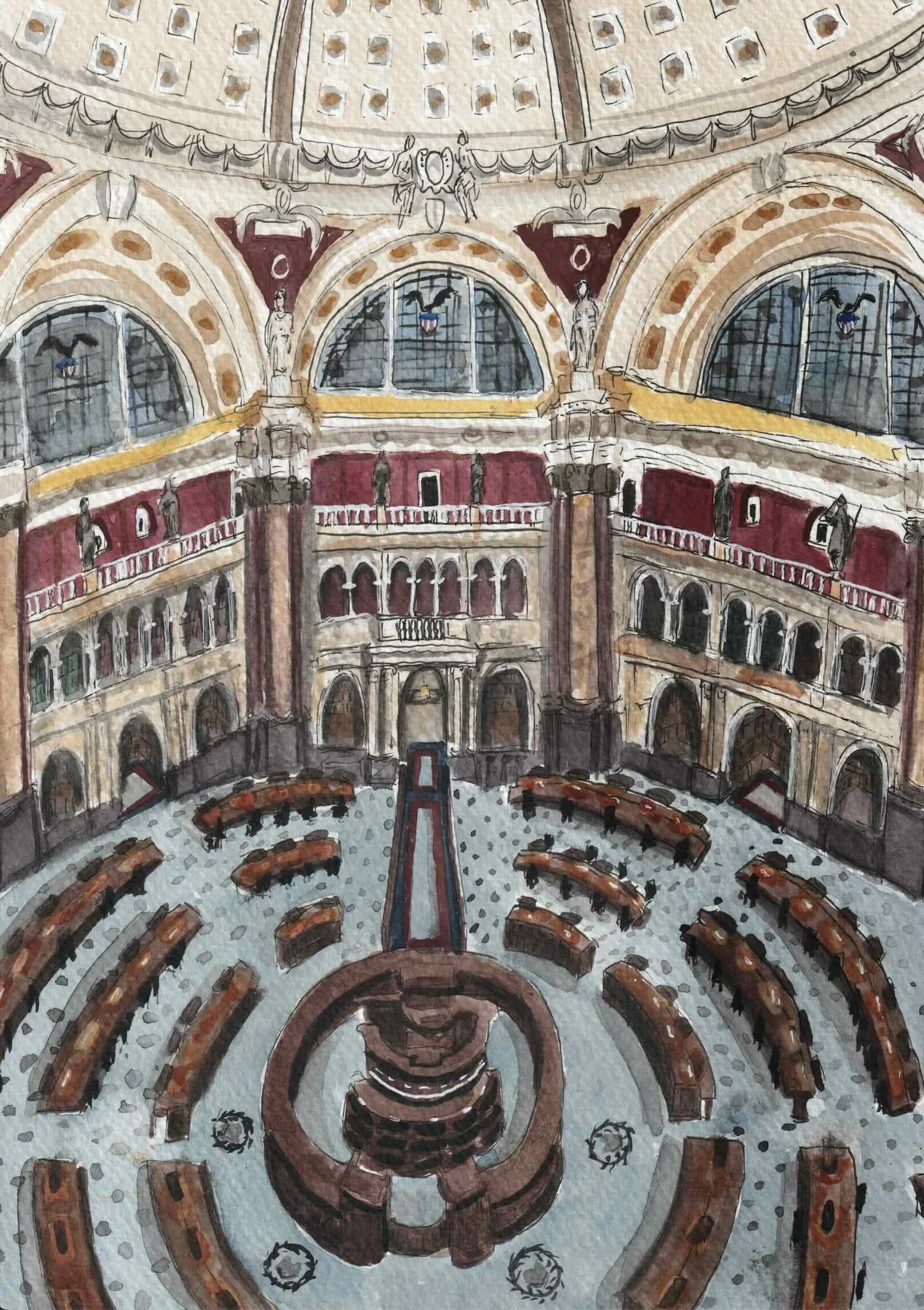 Library of Congress Watercolor Print – Main Reading Room Art by